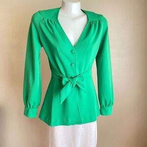 Vintage Small 60s/70s Mod Women's Bright Green Shirt Jacket Button Waist Tie Bow